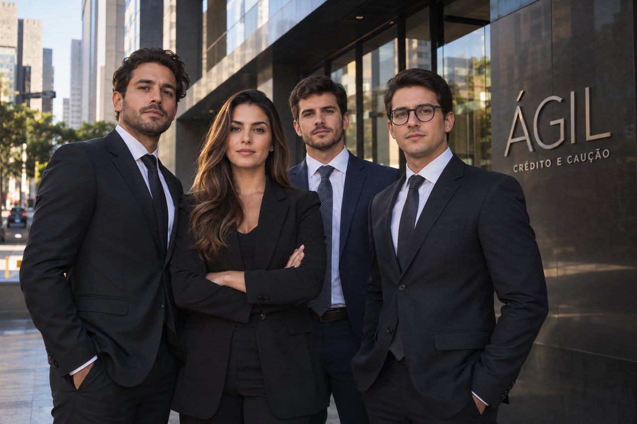 Equipe da Ágil em frente à fachada da empresa.